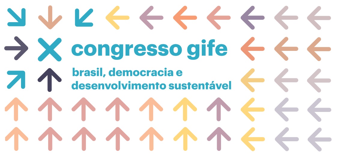 Arte com setas coloridas em diversas direções. No centro da imagem, há o texto "Congresso GIFE - Brasil, democracia e desenvolvimento sustentável".