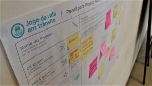 Foto de uma folha pendurada em uma parede com uma tabela do Projeto Jogo da Vida em Trânsito.