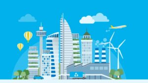 Sobre fundo azul, ilustração de uma cidade inteligente