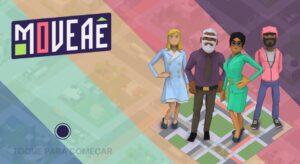 Capa do jogo Moveaê, com fundo colorido, logotipo à esquerda e personagens do game à direita