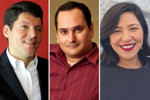 Montagem com foto dos participantes. Da esquerda para a direita: Rodrigo Hübner Mendes, Jairo Marques e Flávia Yuri Oshima