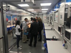 Foto de um grupo de pessoas dentro de uma sala de aula com equipamentos eletrônicos ao redor
