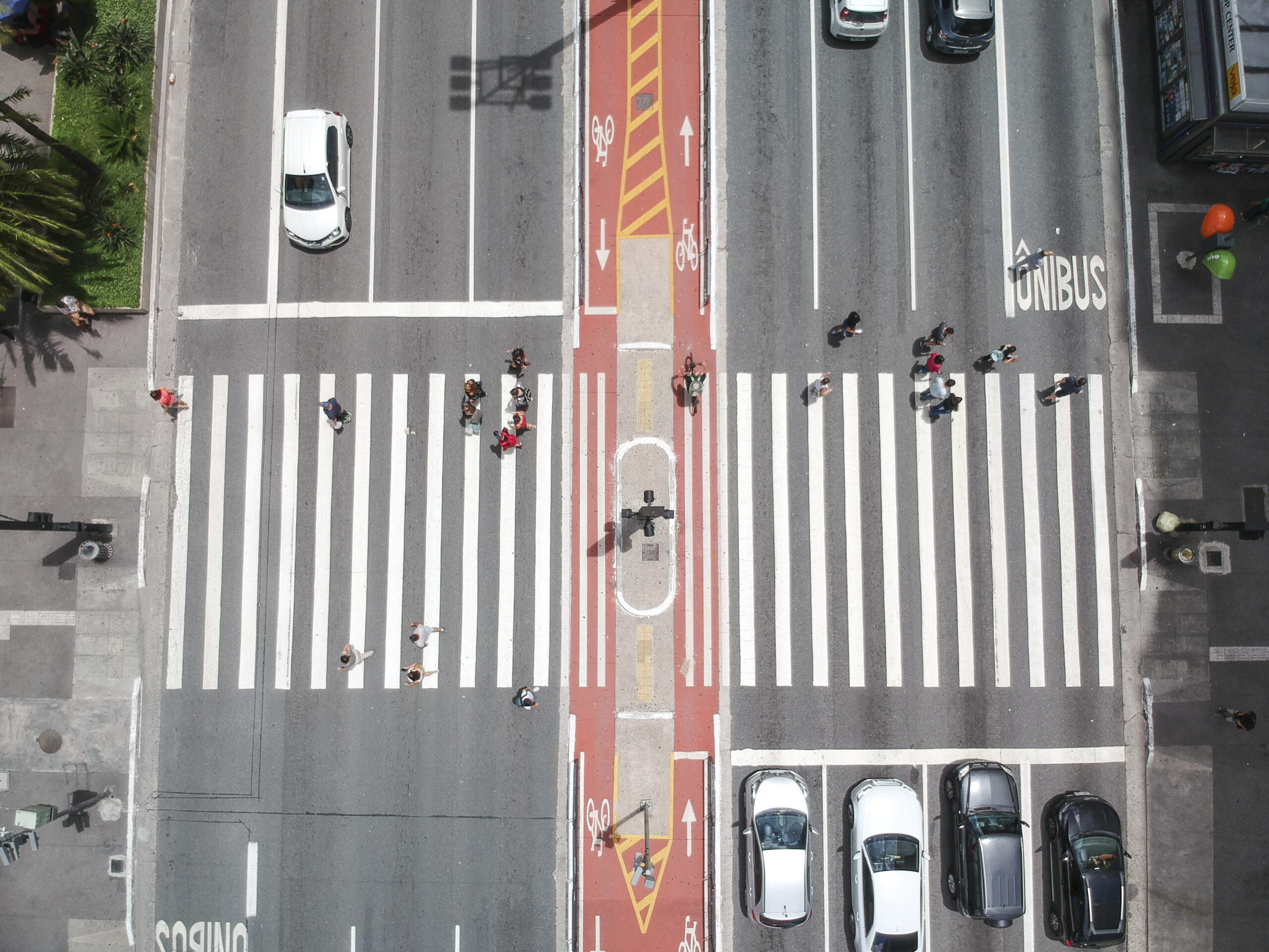 Vista aérea de um trecho da Avenida Paulista em São Paulo, com faixa de pedestres ao centro na horizontal, cliclofaixa vermelha entre duas pistas, pedestres, ciclistas e alguns carros