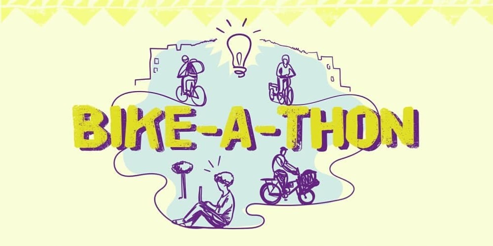 Arte em fundo amarelo com o texto Bike-a-thon no centro. Ao redor, há a ilustração de pessoas andando de bicicleta e uma sentada usando um laptop