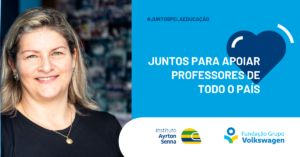 Arte com fundo azul e a ilustração de um coração atrás do texto: "Juntos para apoiar professores de todo o país".