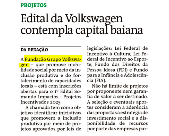 Edital da Volkswagen contempla capital baiana